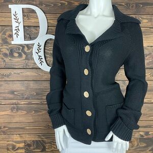 BCBGMaxAzria | Button Up Chunky Knit Sweater Carved Wooden Buttons Notched Lapel